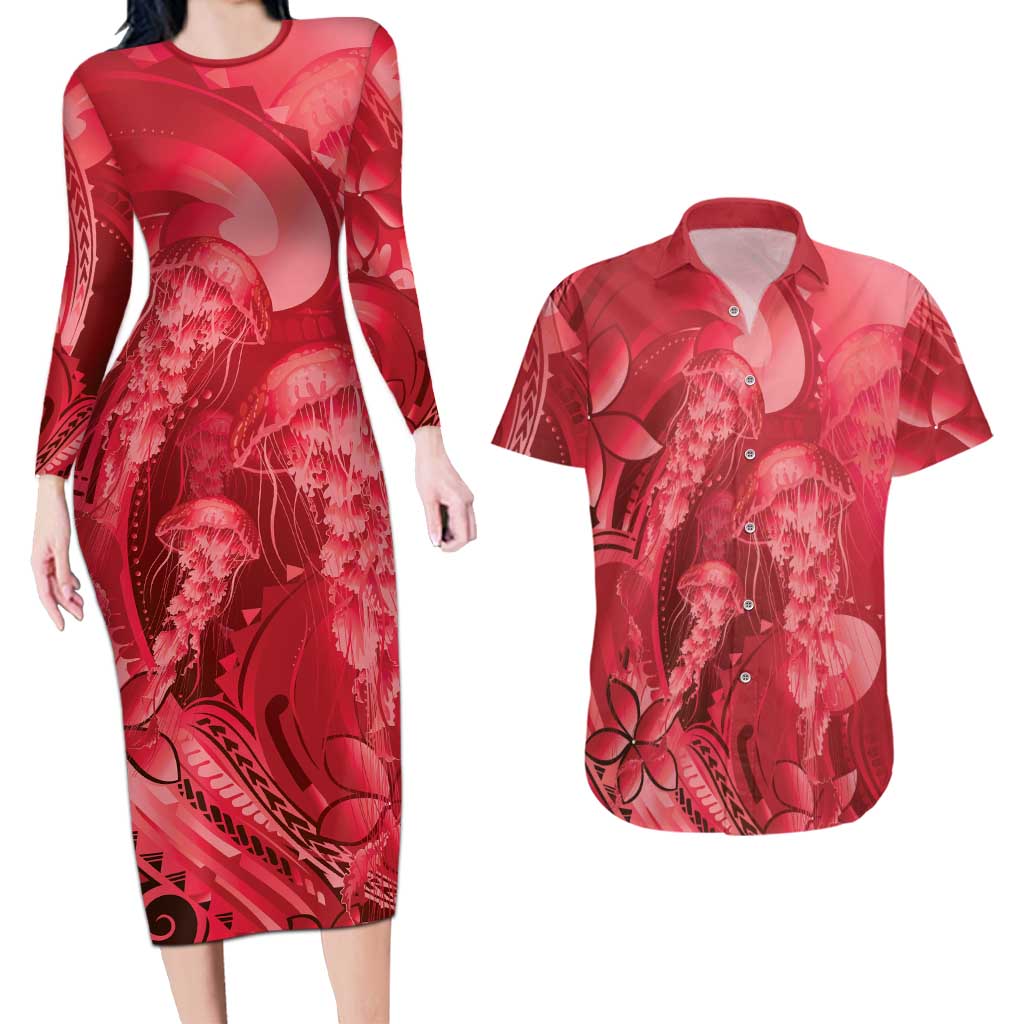 Red Gradient Polynesia Jellyfish Couples Matching Long Sleeve Bodycon Dress and Hawaiian Shirt Plumeria Polynesian Tattoo Glowing Vibes LT14 Red - Polynesian Pride