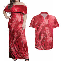 Red Gradient Polynesia Jellyfish Couples Matching Off Shoulder Maxi Dress and Hawaiian Shirt Plumeria Polynesian Tattoo Glowing Vibes LT14 Red - Polynesian Pride