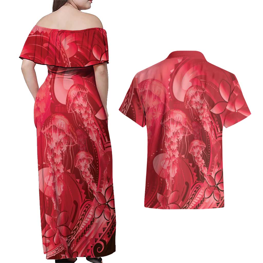 Red Gradient Polynesia Jellyfish Couples Matching Off Shoulder Maxi Dress and Hawaiian Shirt Plumeria Polynesian Tattoo Glowing Vibes LT14 - Polynesian Pride