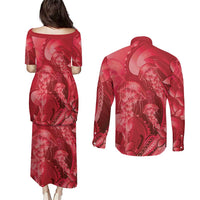 Red Gradient Polynesia Jellyfish Couples Matching Puletasi and Long Sleeve Button Shirt Plumeria Polynesian Tattoo Glowing Vibes LT14 - Polynesian Pride