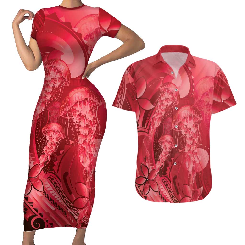 Red Gradient Polynesia Jellyfish Couples Matching Short Sleeve Bodycon Dress and Hawaiian Shirt Plumeria Polynesian Tattoo Glowing Vibes