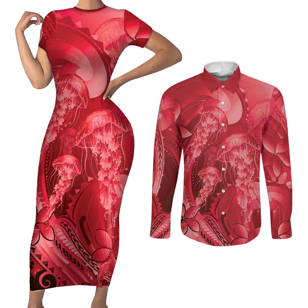 Red Gradient Polynesia Jellyfish Couples Matching Short Sleeve Bodycon Dress and Long Sleeve Button Shirt Plumeria Polynesian Tattoo Glowing Vibes LT14 Red - Polynesian Pride