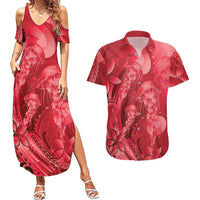 Red Gradient Polynesia Jellyfish Couples Matching Summer Maxi Dress and Hawaiian Shirt Plumeria Polynesian Tattoo Glowing Vibes LT14 Red - Polynesian Pride