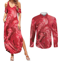 Red Gradient Polynesia Jellyfish Couples Matching Summer Maxi Dress and Long Sleeve Button Shirt Plumeria Polynesian Tattoo Glowing Vibes LT14 Red - Polynesian Pride