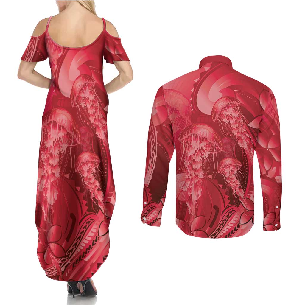 Red Gradient Polynesia Jellyfish Couples Matching Summer Maxi Dress and Long Sleeve Button Shirt Plumeria Polynesian Tattoo Glowing Vibes LT14 - Polynesian Pride
