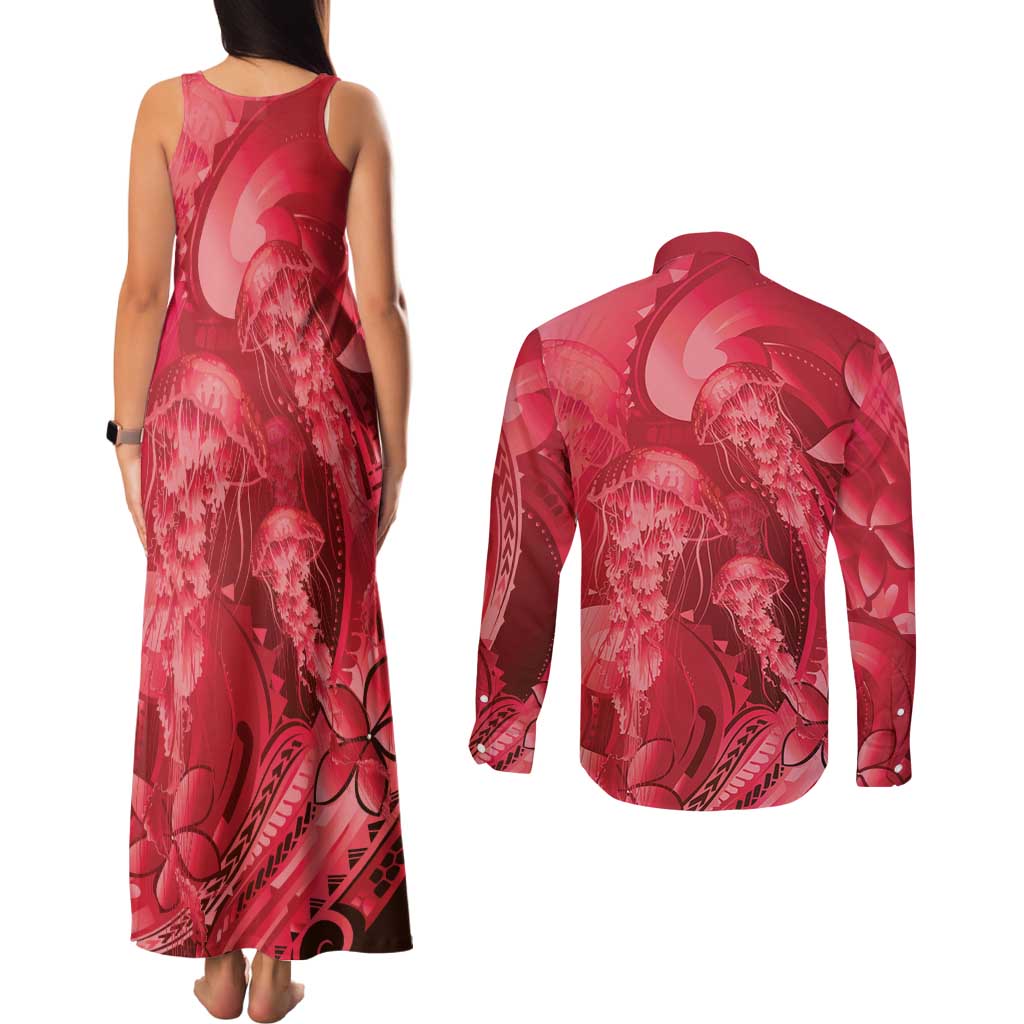 Red Gradient Polynesia Jellyfish Couples Matching Tank Maxi Dress and Long Sleeve Button Shirt Plumeria Polynesian Tattoo Glowing Vibes
