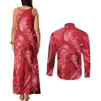 Red Gradient Polynesia Jellyfish Couples Matching Tank Maxi Dress and Long Sleeve Button Shirt Plumeria Polynesian Tattoo Glowing Vibes