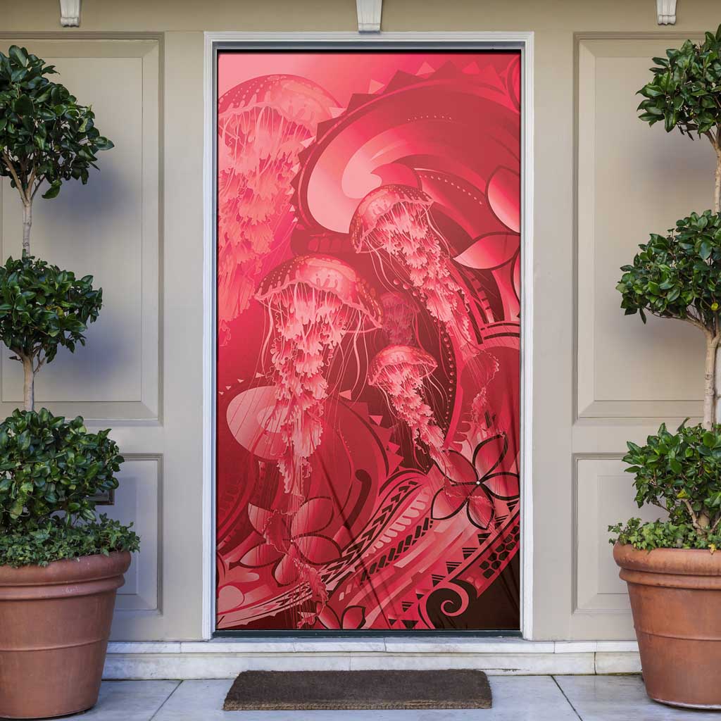 Red Gradient Polynesia Jellyfish Door Cover Plumeria Polynesian Tattoo Glowing Vibes LT14 Red - Polynesian Pride