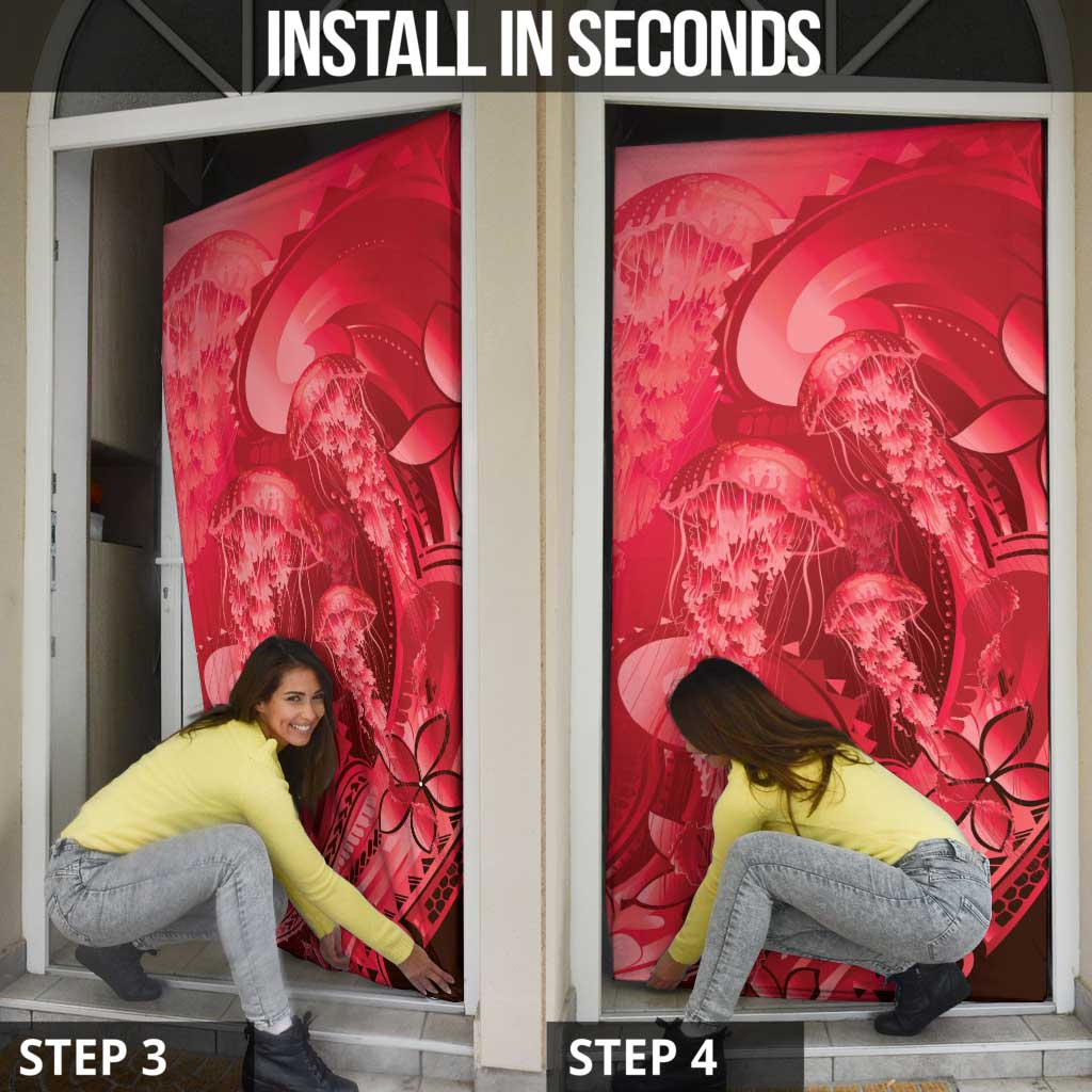 Red Gradient Polynesia Jellyfish Door Cover Plumeria Polynesian Tattoo Glowing Vibes LT14 - Polynesian Pride