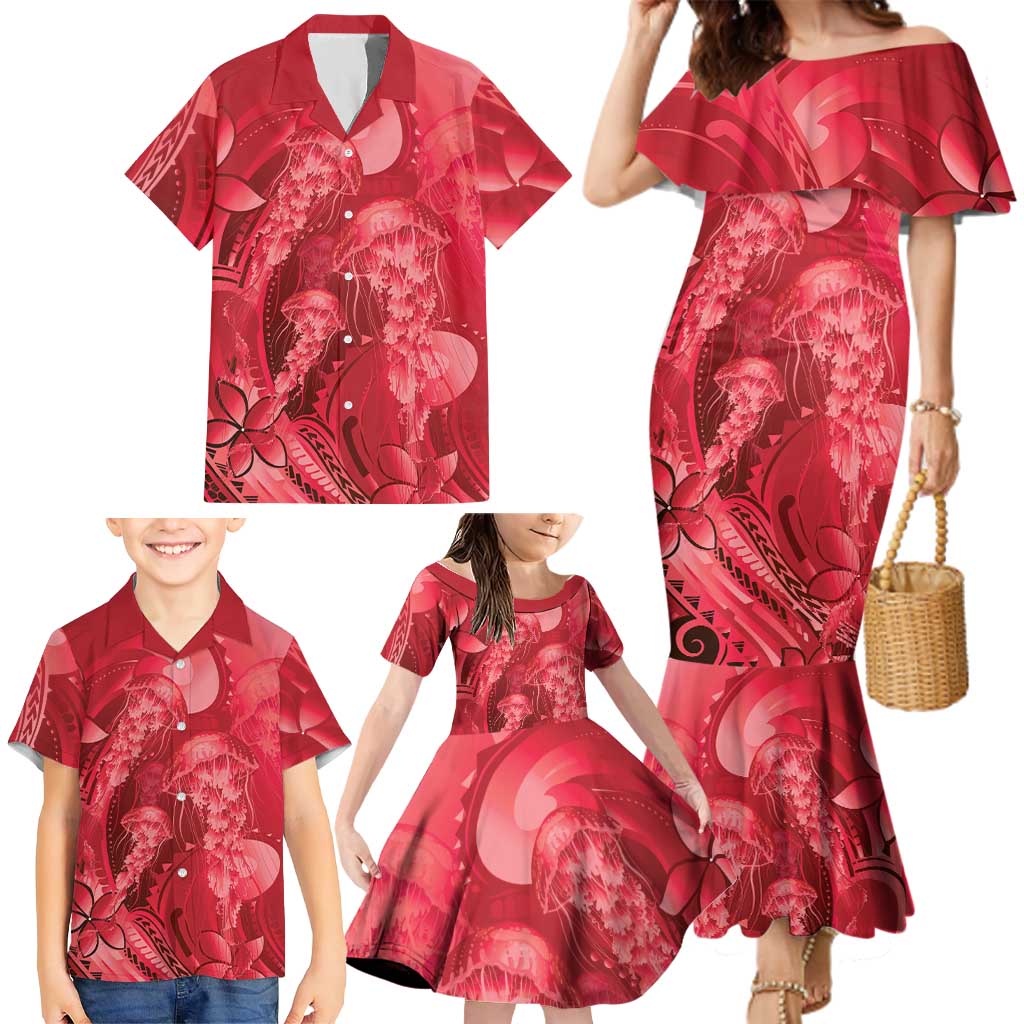 Red Gradient Polynesia Jellyfish Family Matching Mermaid Dress and Hawaiian Shirt Plumeria Polynesian Tattoo Glowing Vibes