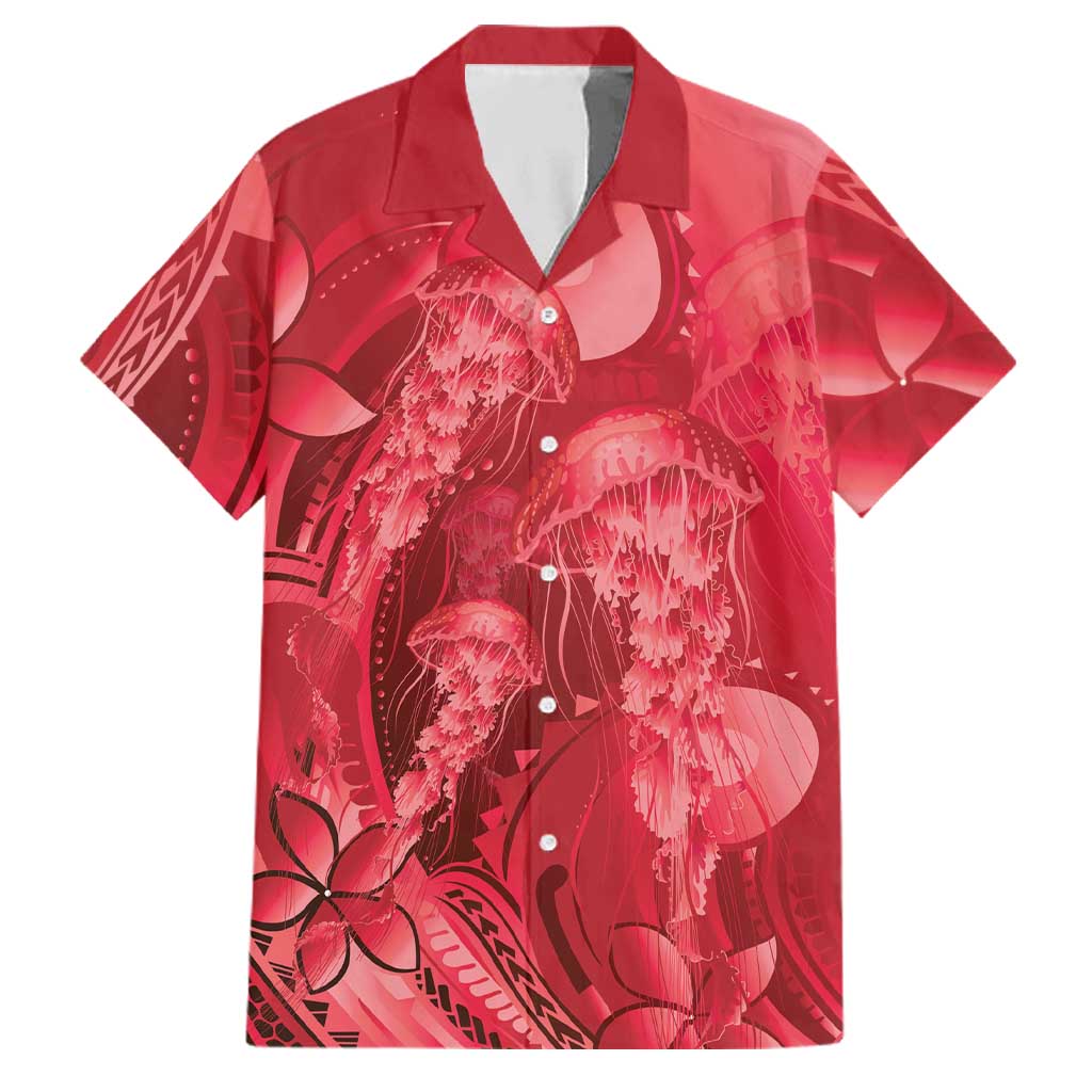 Red Gradient Polynesia Jellyfish Family Matching Off Shoulder Maxi Dress and Hawaiian Shirt Plumeria Polynesian Tattoo Glowing Vibes