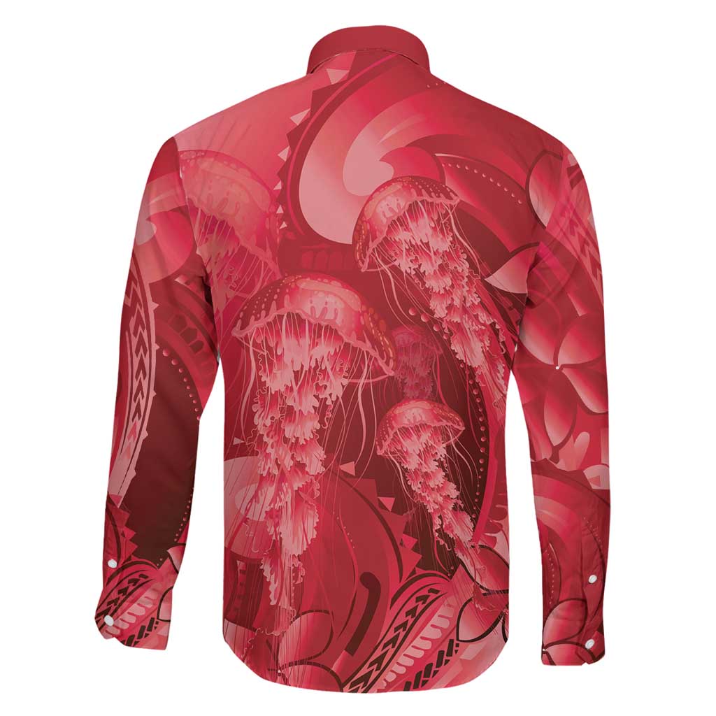 Red Gradient Polynesia Jellyfish Family Matching Short Sleeve Bodycon Dress and Hawaiian Shirt Plumeria Polynesian Tattoo Glowing Vibes