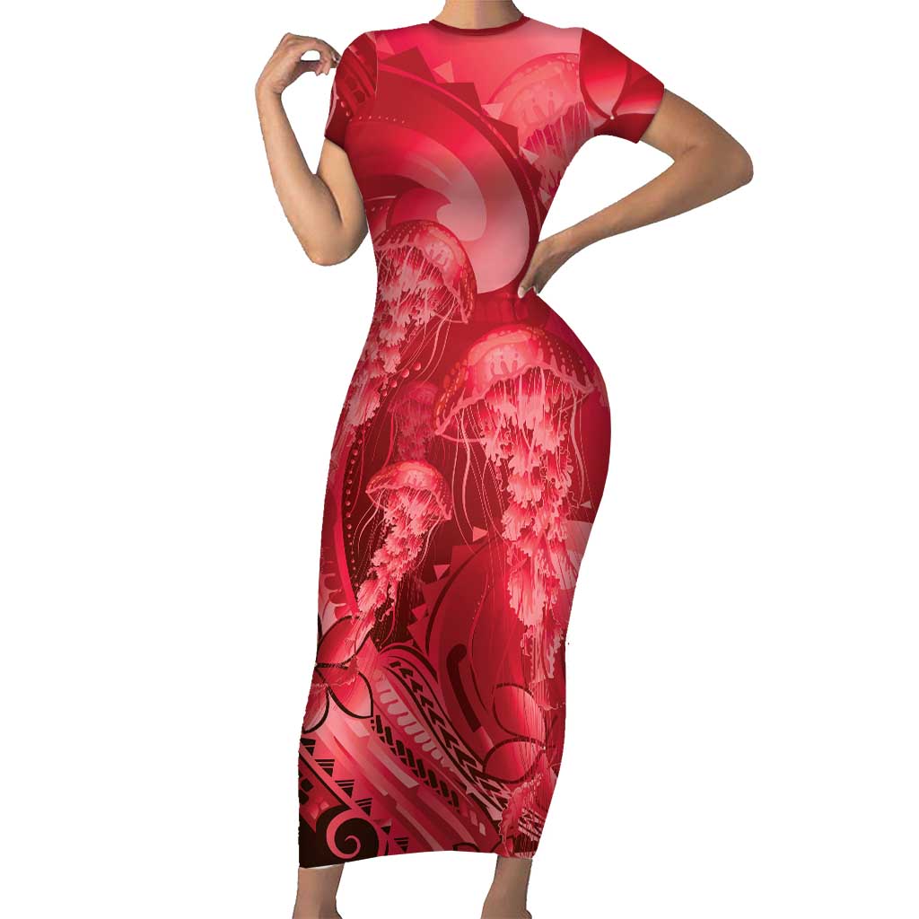 Red Gradient Polynesia Jellyfish Family Matching Short Sleeve Bodycon Dress and Hawaiian Shirt Plumeria Polynesian Tattoo Glowing Vibes