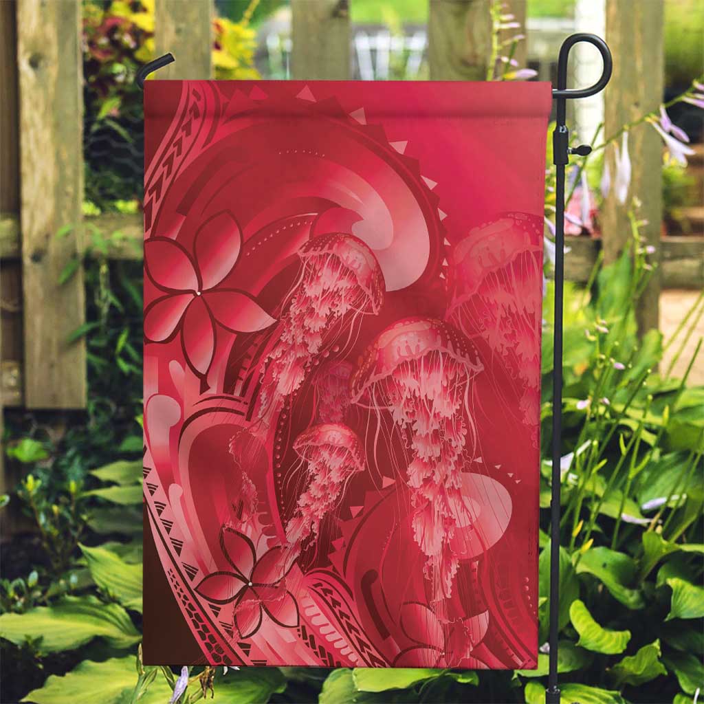 Red Gradient Polynesia Jellyfish Garden Flag Plumeria Polynesian Tattoo Glowing Vibes LT14 Garden Flag Red - Polynesian Pride