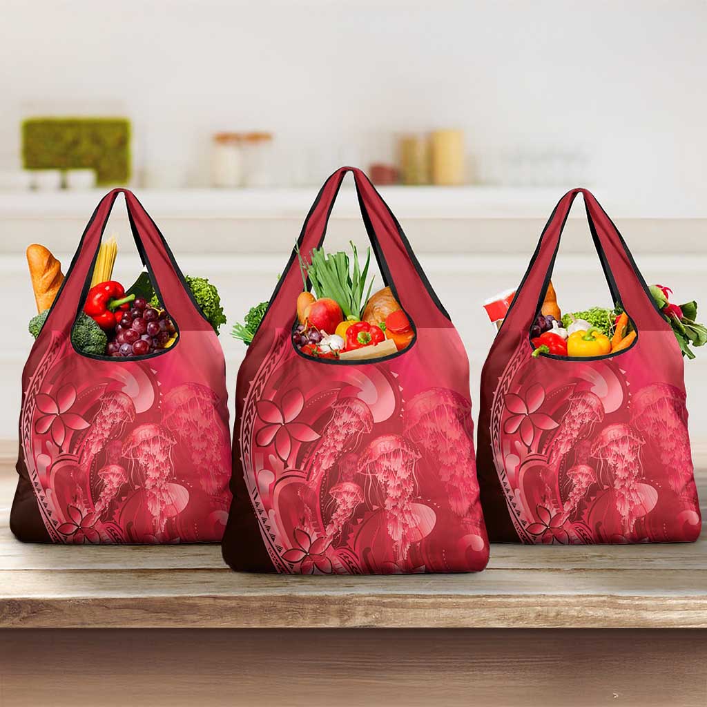 Red Gradient Polynesia Jellyfish Grocery Bag Plumeria Polynesian Tattoo Glowing Vibes LT14 3-pack One Size Red - Polynesian Pride