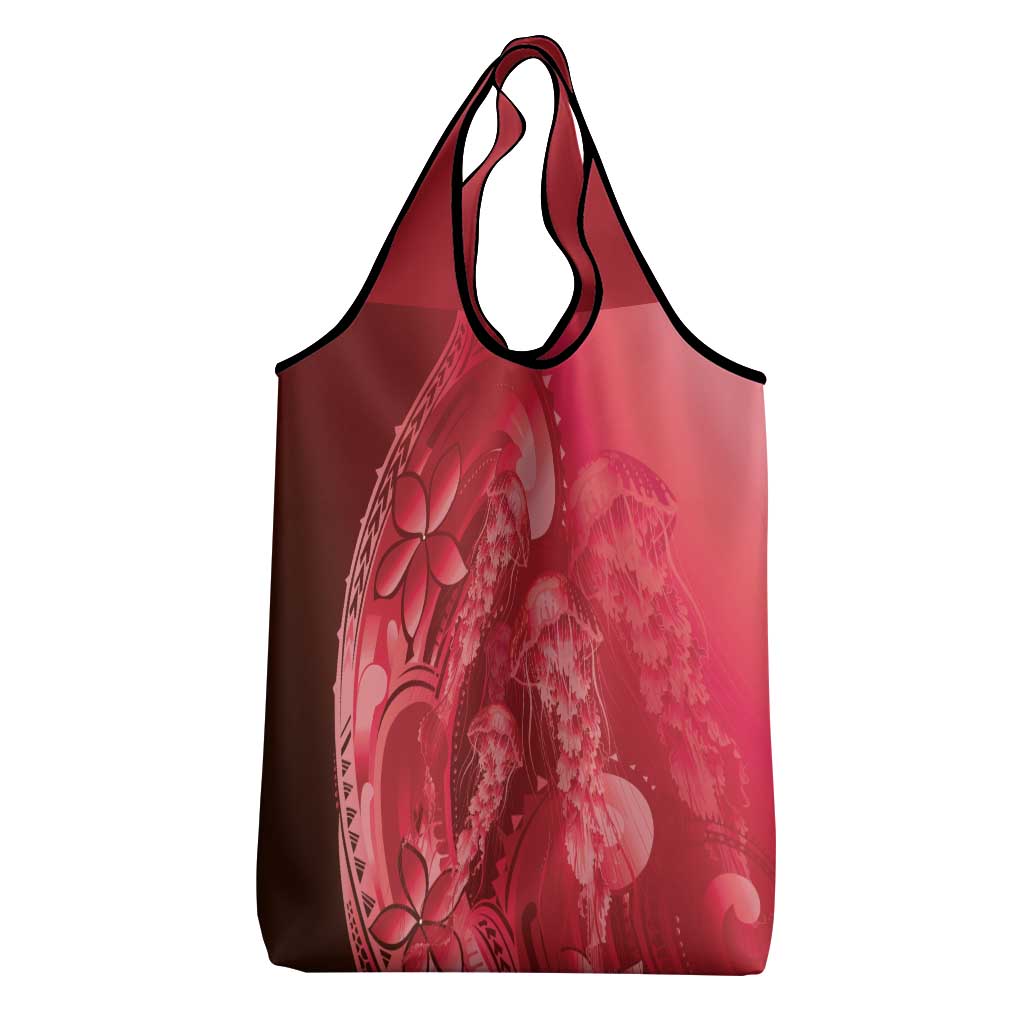 Red Gradient Polynesia Jellyfish Grocery Bag Plumeria Polynesian Tattoo Glowing Vibes LT14 - Polynesian Pride