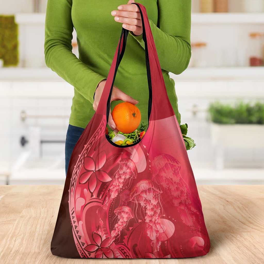 Red Gradient Polynesia Jellyfish Grocery Bag Plumeria Polynesian Tattoo Glowing Vibes LT14 - Polynesian Pride