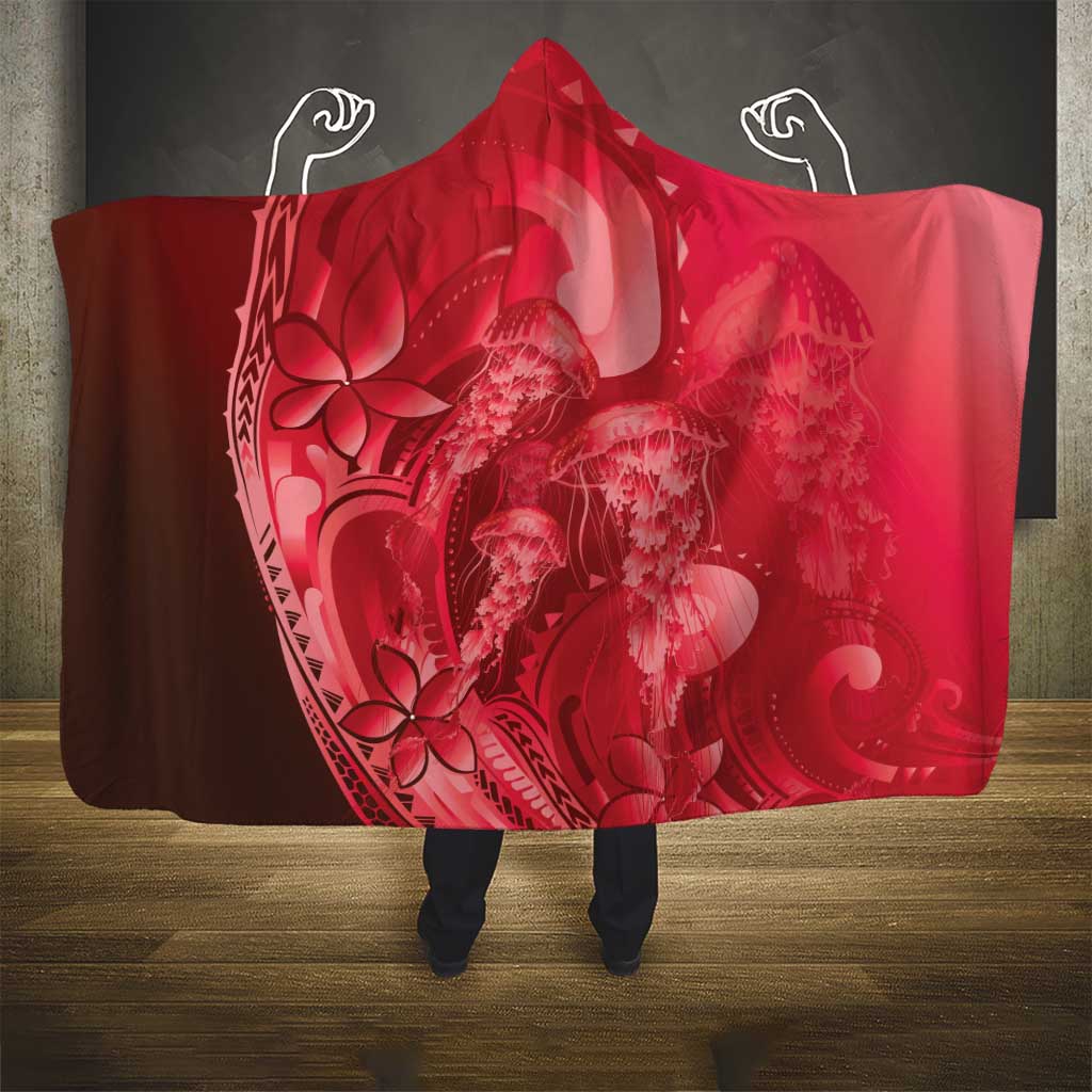 Red Gradient Polynesia Jellyfish Hooded Blanket Plumeria Polynesian Tattoo Glowing Vibes LT14 - Polynesian Pride