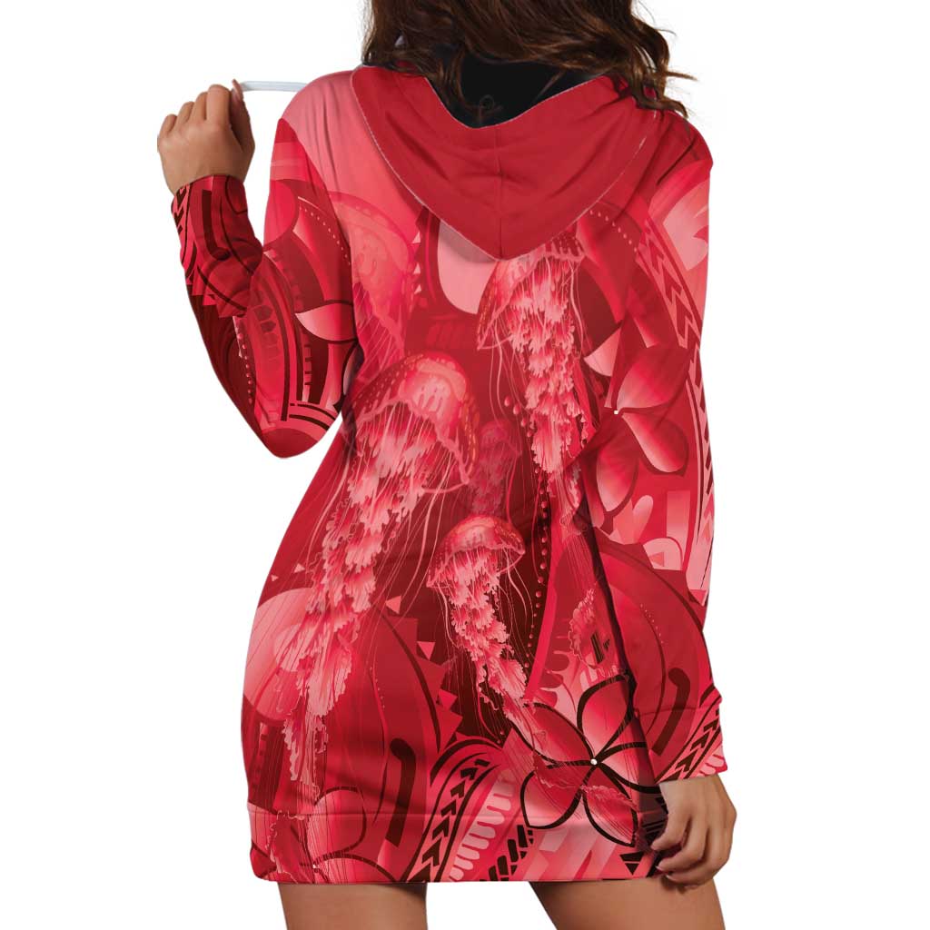 Red Gradient Polynesia Jellyfish Hoodie Dress Plumeria Polynesian Tattoo Glowing Vibes LT14 - Polynesian Pride