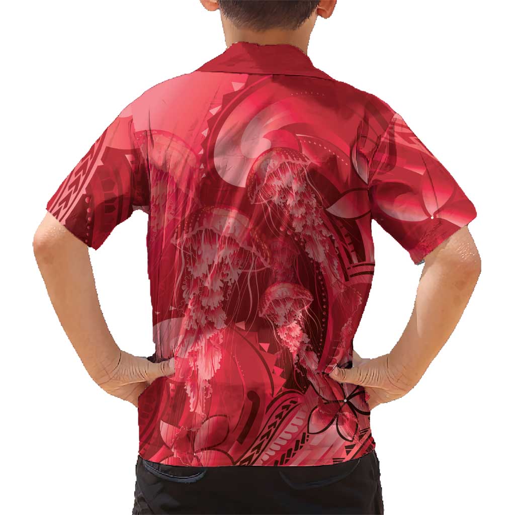 Red Gradient Polynesia Jellyfish Kid Hawaiian Shirt Plumeria Polynesian Tattoo Glowing Vibes