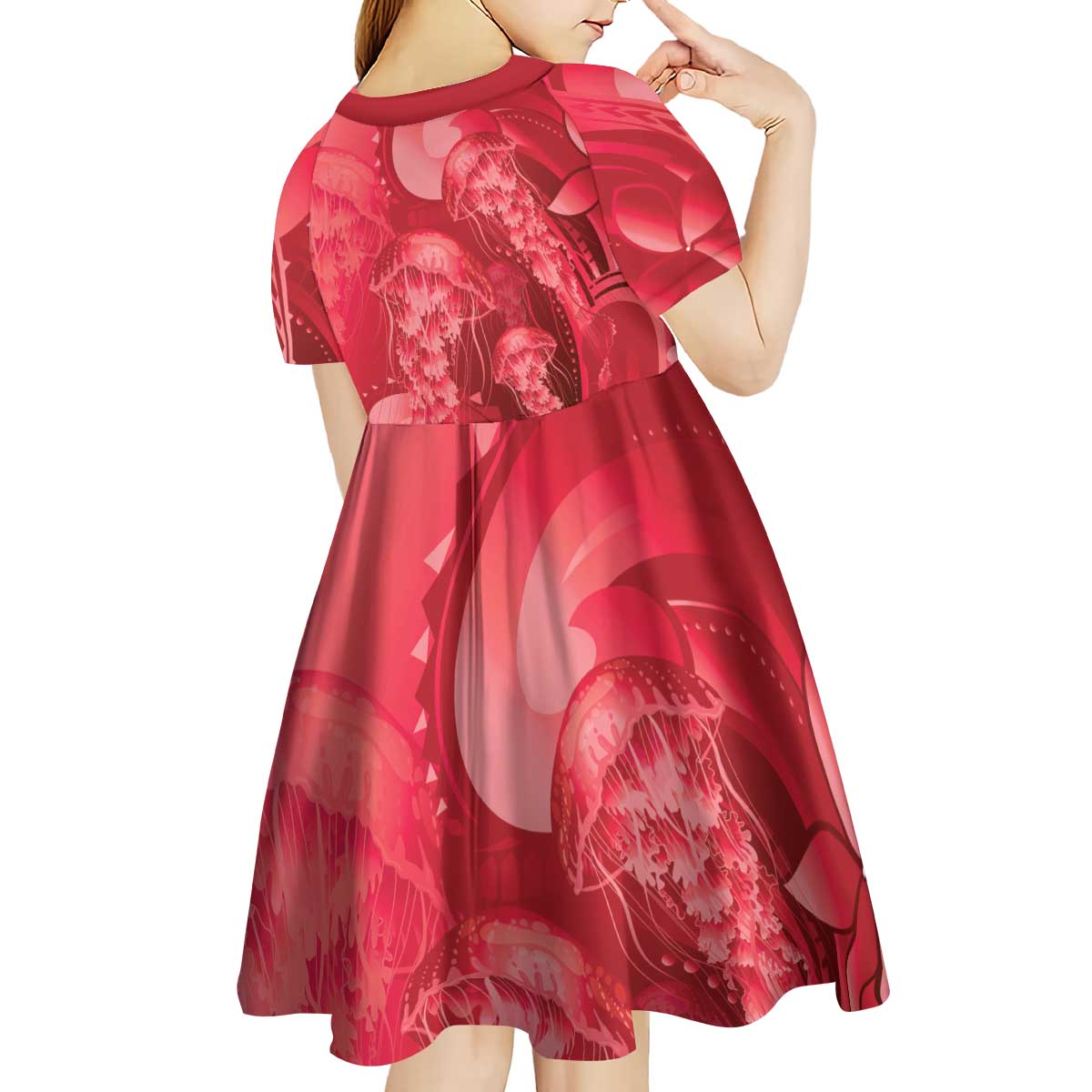Red Gradient Polynesia Jellyfish Kid Short Sleeve Dress Plumeria Polynesian Tattoo Glowing Vibes