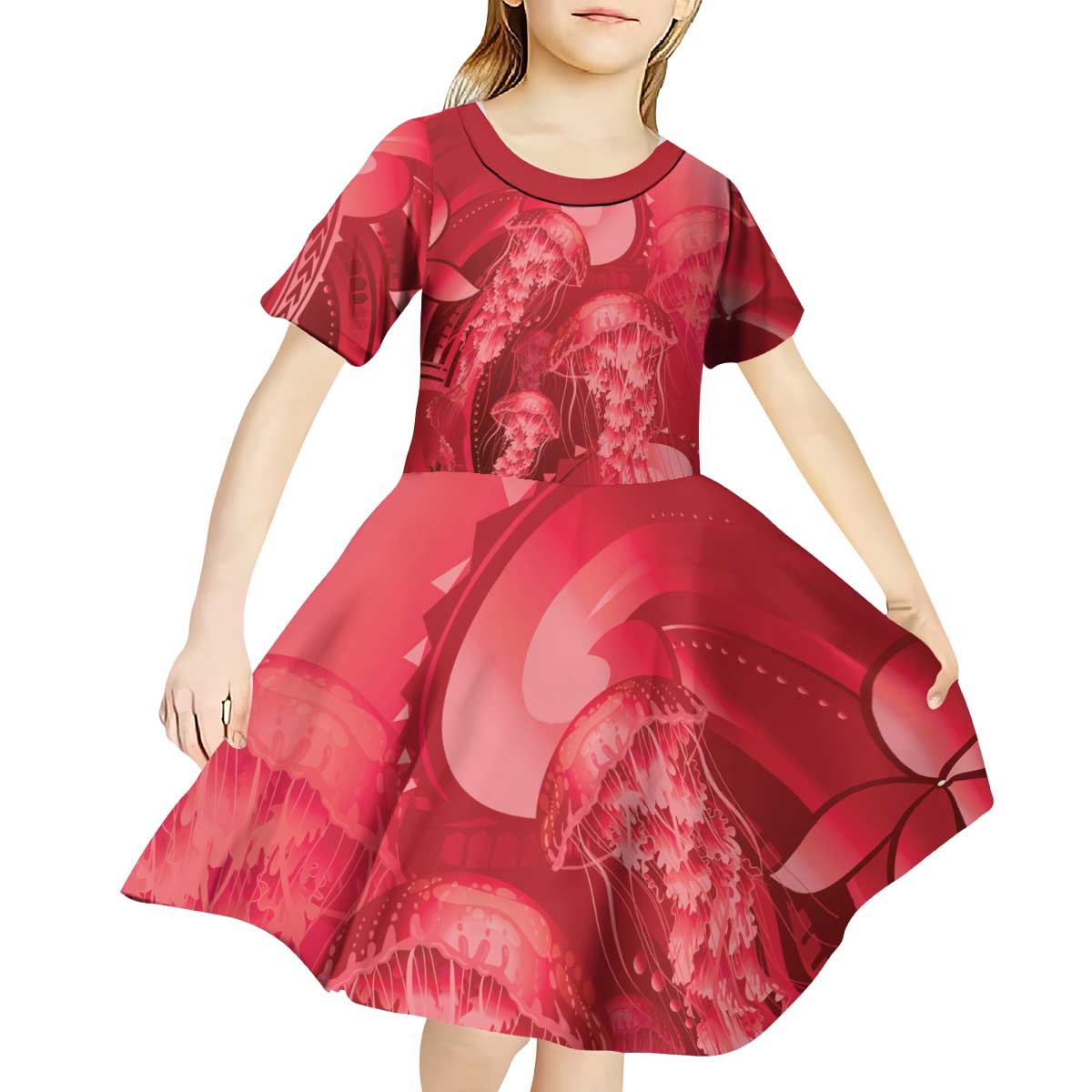 Red Gradient Polynesia Jellyfish Kid Short Sleeve Dress Plumeria Polynesian Tattoo Glowing Vibes