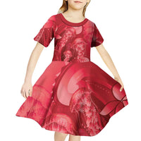 Red Gradient Polynesia Jellyfish Kid Short Sleeve Dress Plumeria Polynesian Tattoo Glowing Vibes