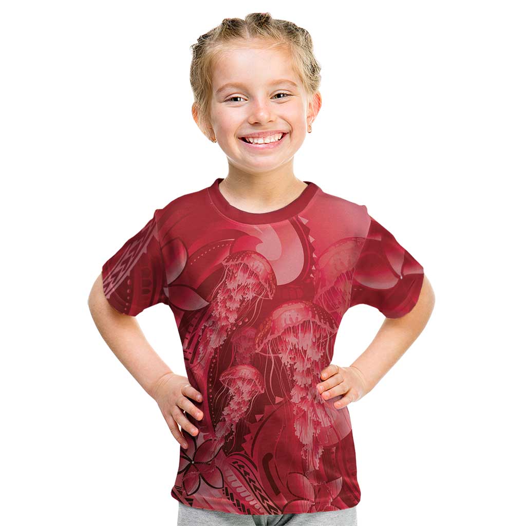 Red Gradient Polynesia Jellyfish Kid T Shirt Plumeria Polynesian Tattoo Glowing Vibes LT14 Red - Polynesian Pride