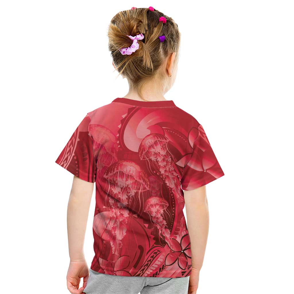 Red Gradient Polynesia Jellyfish Kid T Shirt Plumeria Polynesian Tattoo Glowing Vibes LT14 - Polynesian Pride
