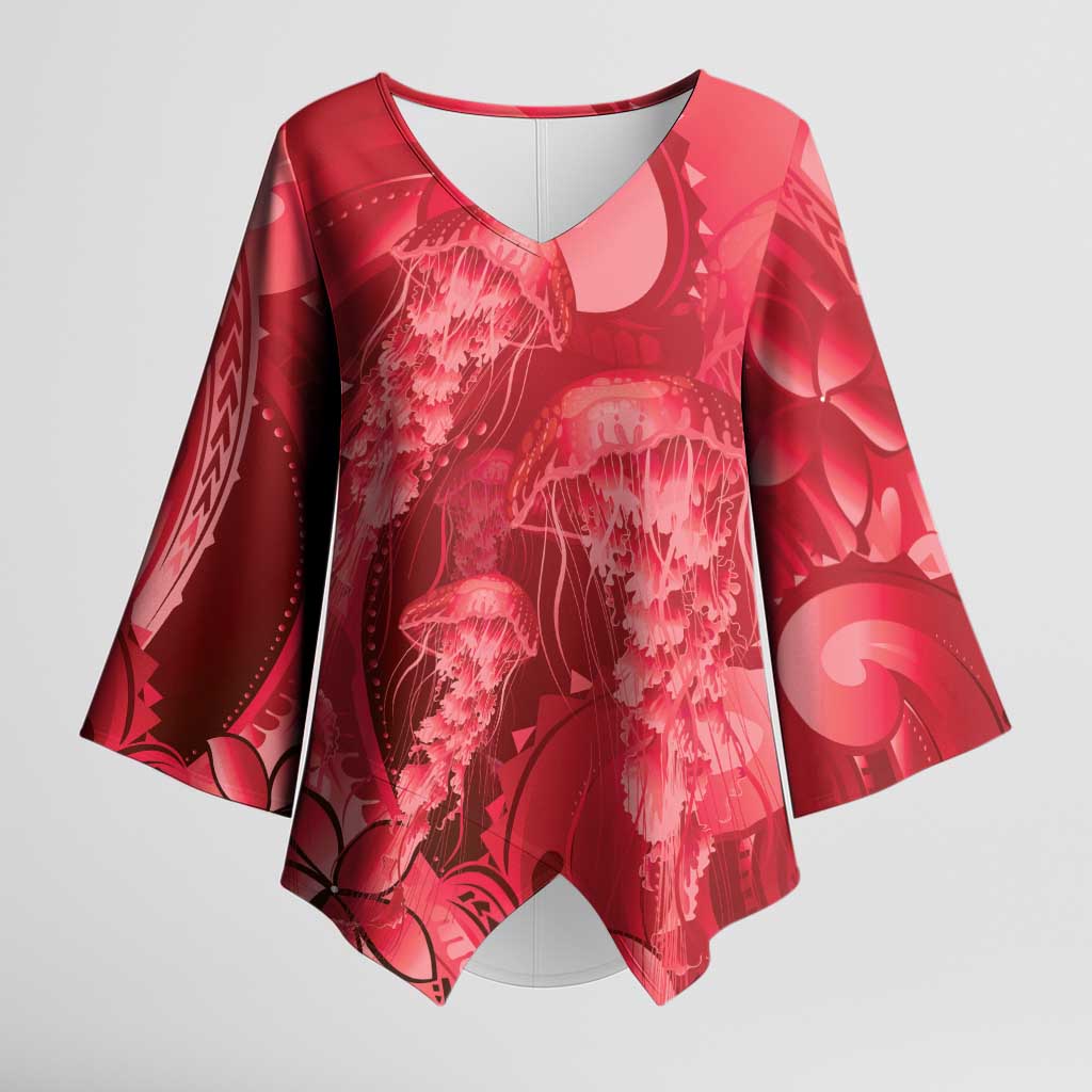 Red Gradient Polynesia Jellyfish Kimono Sleeve Blouse Plumeria Polynesian Tattoo Glowing Vibes LT14 Female Red - Polynesian Pride