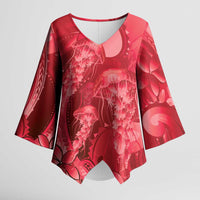 Red Gradient Polynesia Jellyfish Kimono Sleeve Blouse Plumeria Polynesian Tattoo Glowing Vibes LT14 Female Red - Polynesian Pride