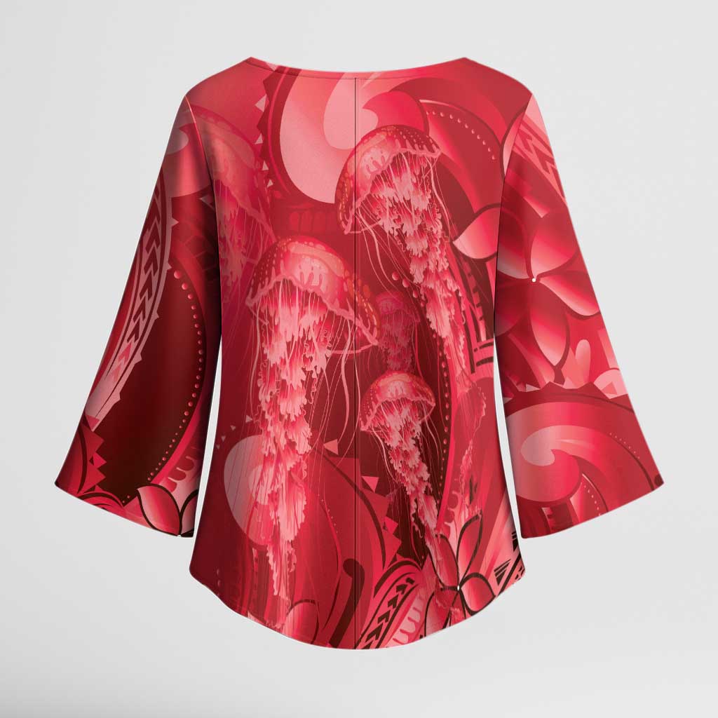 Red Gradient Polynesia Jellyfish Kimono Sleeve Blouse Plumeria Polynesian Tattoo Glowing Vibes LT14 - Polynesian Pride