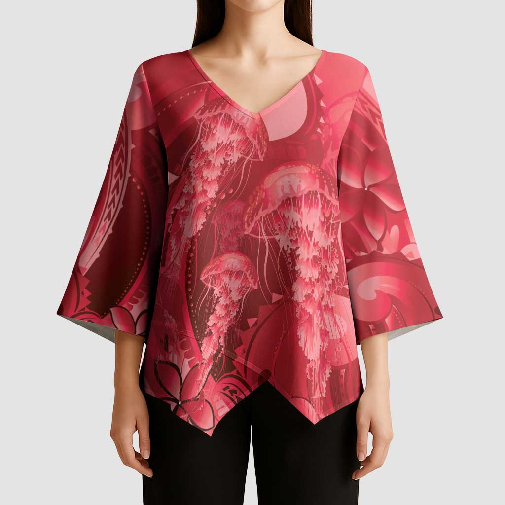 Red Gradient Polynesia Jellyfish Kimono Sleeve Blouse Plumeria Polynesian Tattoo Glowing Vibes LT14 - Polynesian Pride