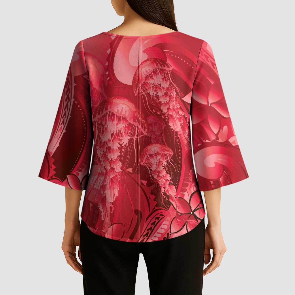 Red Gradient Polynesia Jellyfish Kimono Sleeve Blouse Plumeria Polynesian Tattoo Glowing Vibes LT14 - Polynesian Pride
