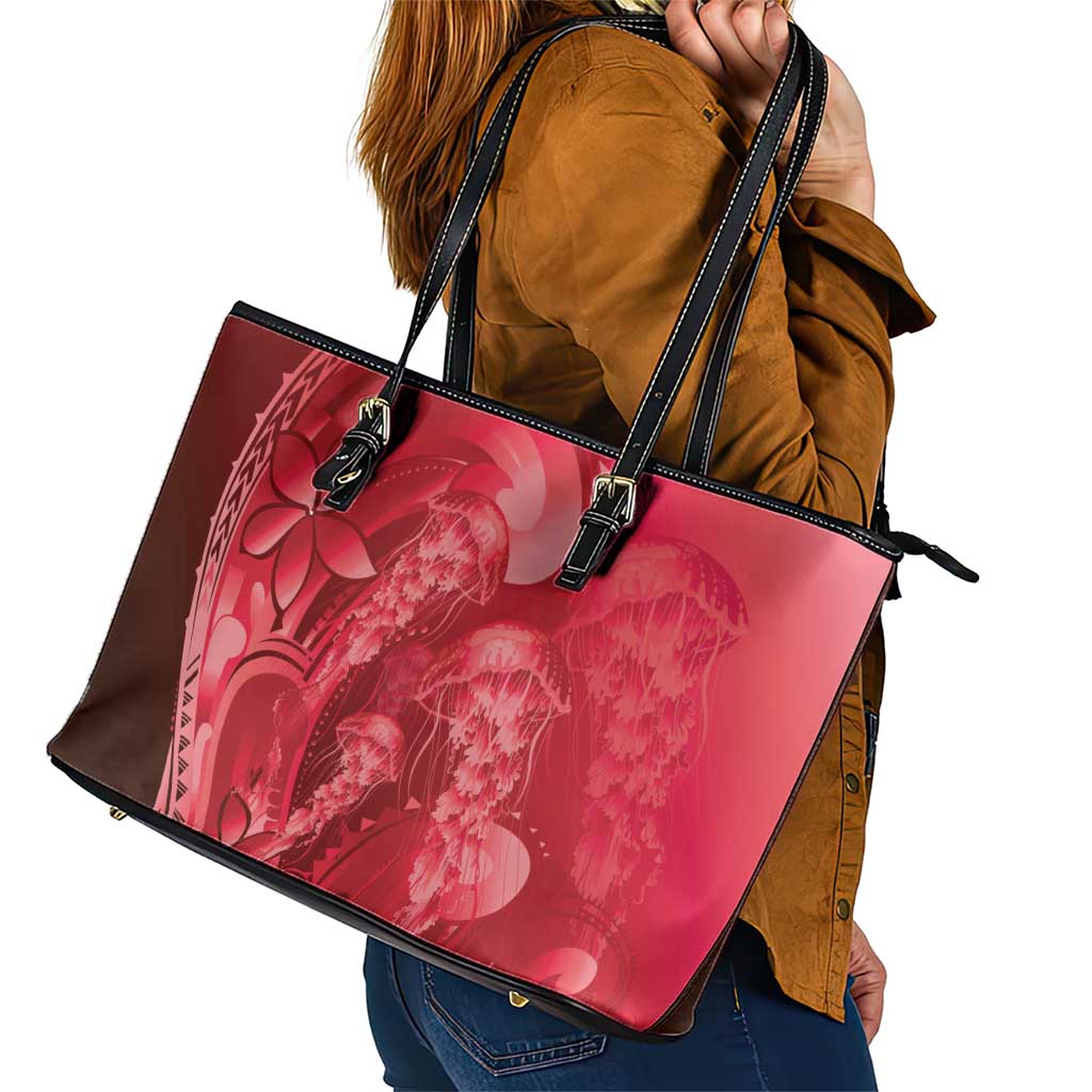 Red Gradient Polynesia Jellyfish Leather Tote Bag Plumeria Polynesian Tattoo Glowing Vibes LT14 - Polynesian Pride