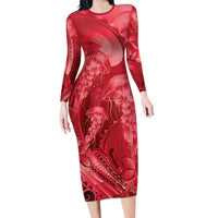 Red Gradient Polynesia Jellyfish Long Sleeve Bodycon Dress Plumeria Polynesian Tattoo Glowing Vibes LT14 Long Dress Red - Polynesian Pride