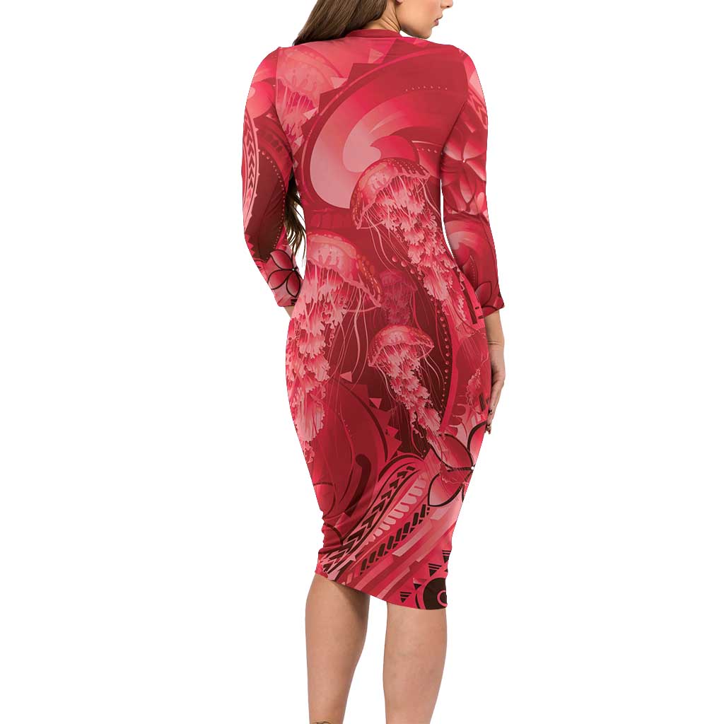 Red Gradient Polynesia Jellyfish Long Sleeve Bodycon Dress Plumeria Polynesian Tattoo Glowing Vibes LT14 - Polynesian Pride