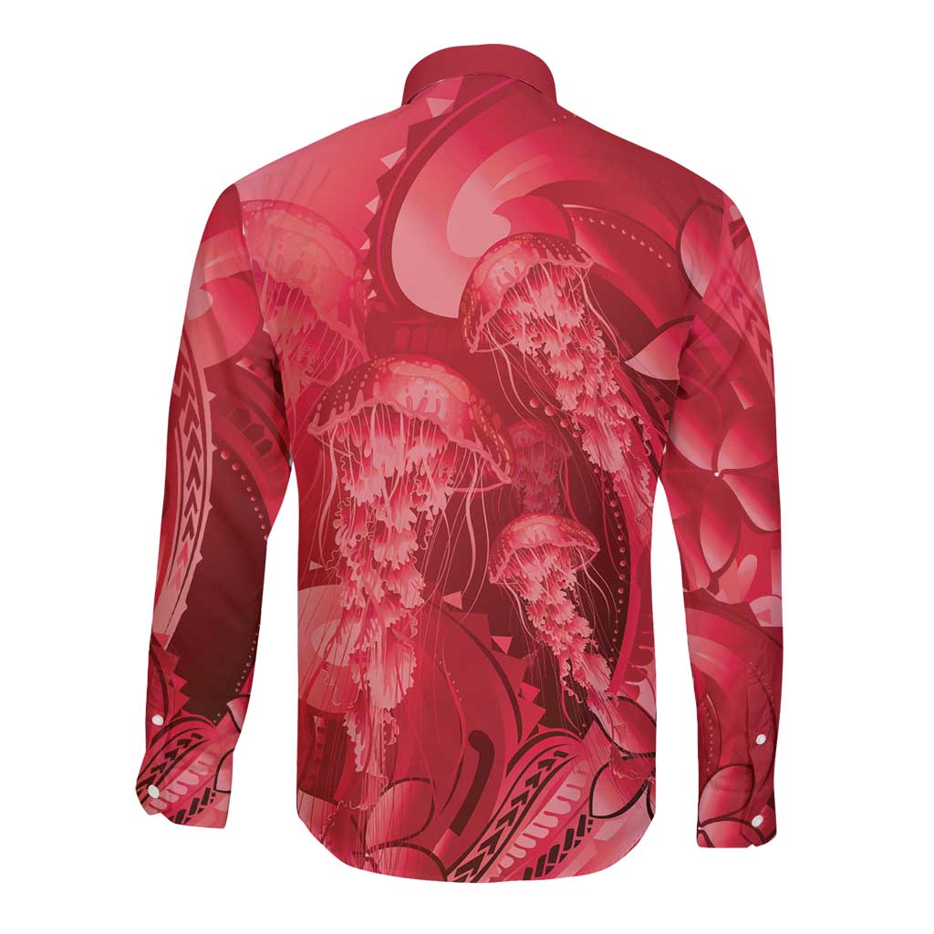 Red Gradient Polynesia Jellyfish Long Sleeve Button Shirt Plumeria Polynesian Tattoo Glowing Vibes LT14 - Polynesian Pride
