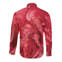 Red Gradient Polynesia Jellyfish Long Sleeve Button Shirt Plumeria Polynesian Tattoo Glowing Vibes LT14 - Polynesian Pride
