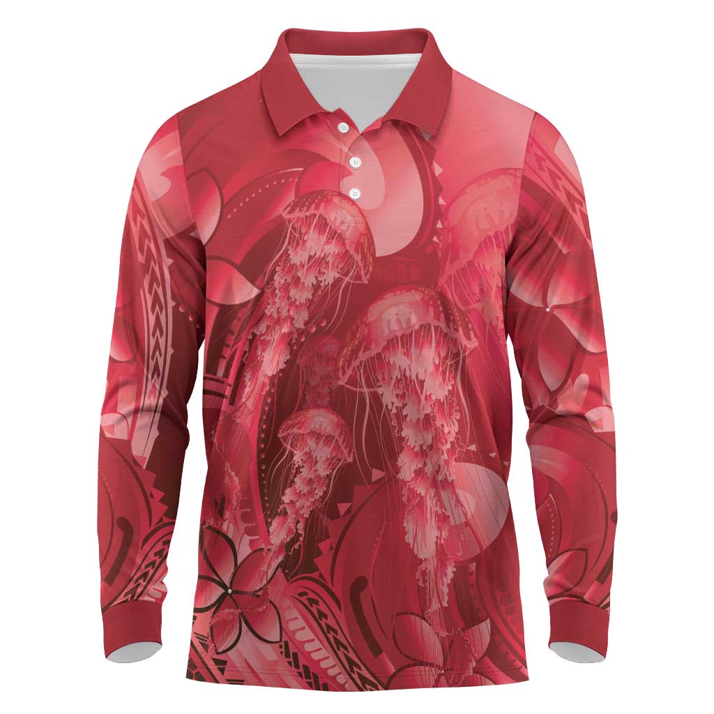 Red Gradient Polynesia Jellyfish Long Sleeve Polo Shirt Plumeria Polynesian Tattoo Glowing Vibes LT14 Red - Polynesian Pride
