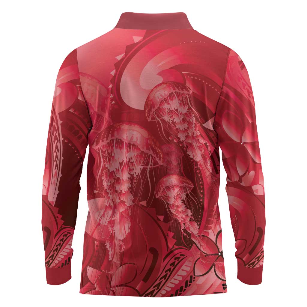 Red Gradient Polynesia Jellyfish Long Sleeve Polo Shirt Plumeria Polynesian Tattoo Glowing Vibes LT14 - Polynesian Pride