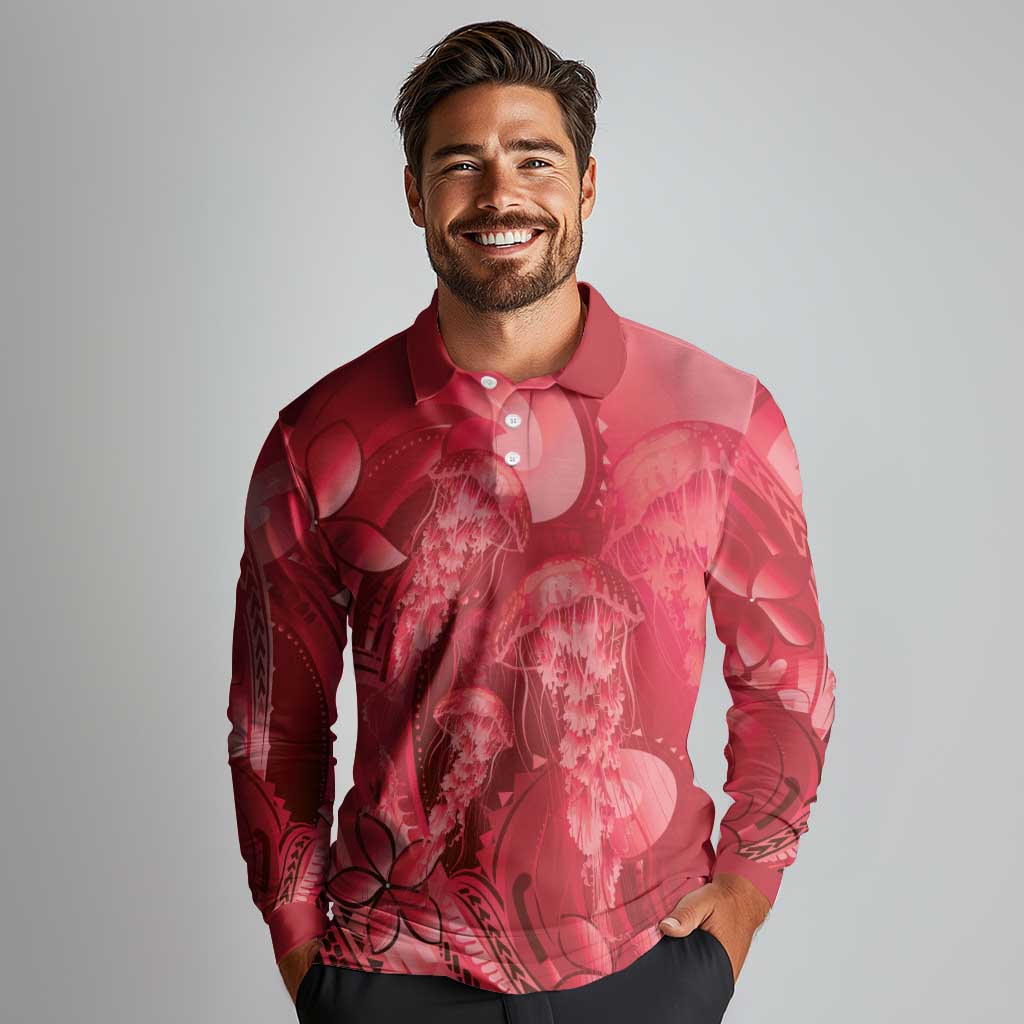 Red Gradient Polynesia Jellyfish Long Sleeve Polo Shirt Plumeria Polynesian Tattoo Glowing Vibes LT14 - Polynesian Pride