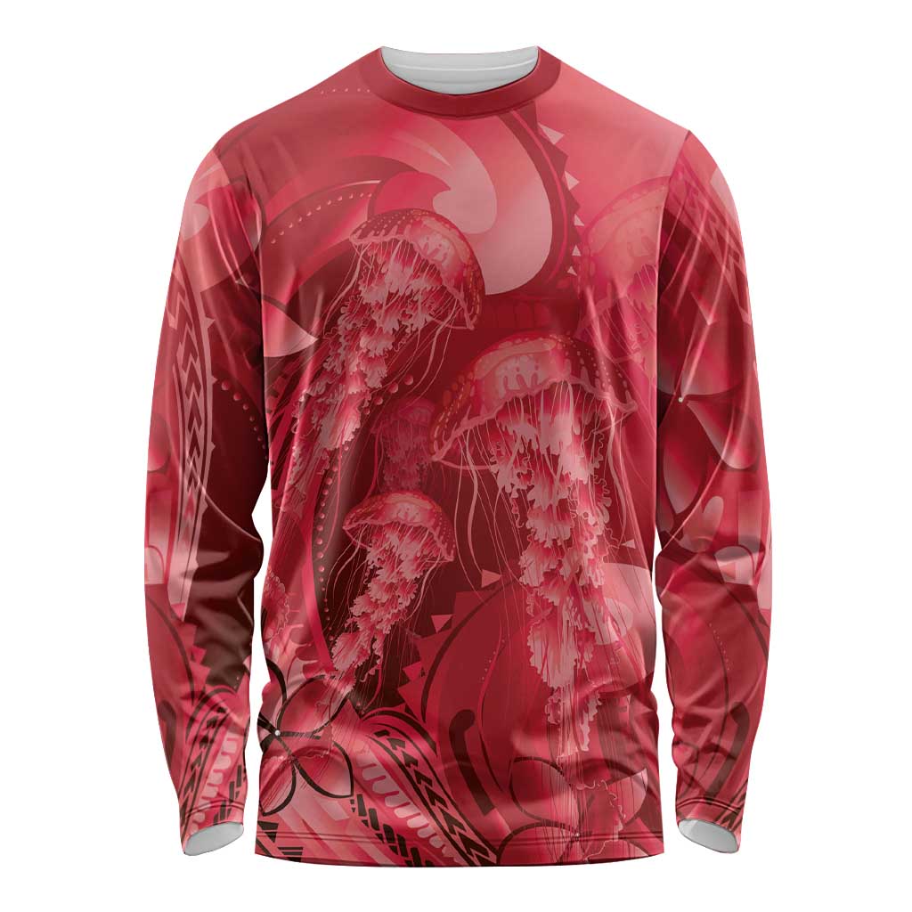 Red Gradient Polynesia Jellyfish Long Sleeve Shirt Plumeria Polynesian Tattoo Glowing Vibes LT14 Unisex Red - Polynesian Pride