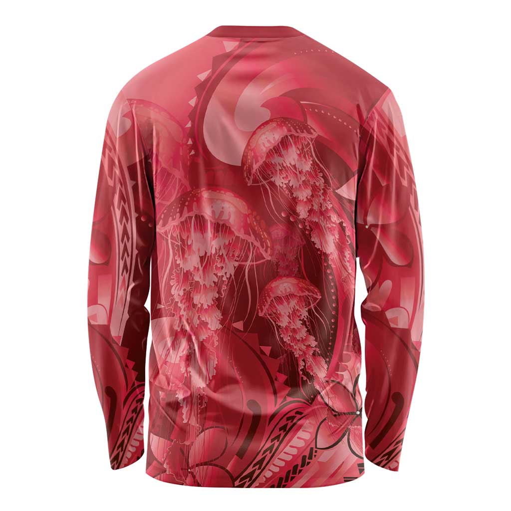 Red Gradient Polynesia Jellyfish Long Sleeve Shirt Plumeria Polynesian Tattoo Glowing Vibes LT14 - Polynesian Pride