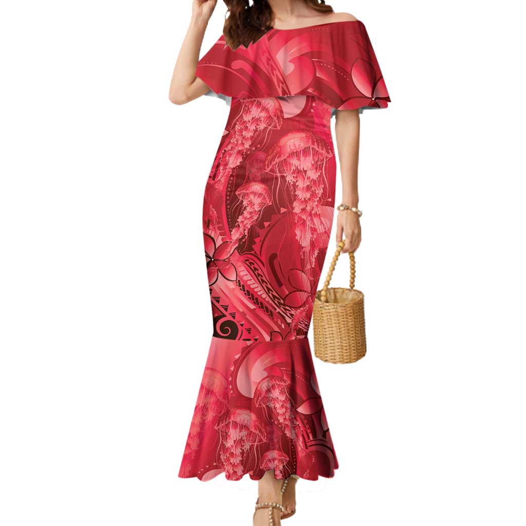 Red Gradient Polynesia Jellyfish Mermaid Dress Plumeria Polynesian Tattoo Glowing Vibes LT14 Women Red - Polynesian Pride
