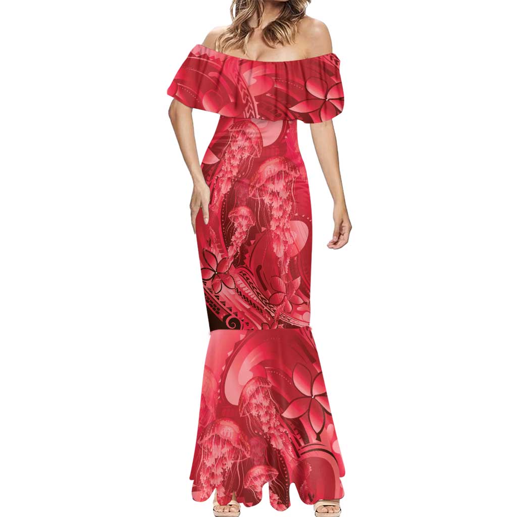 Red Gradient Polynesia Jellyfish Mermaid Dress Plumeria Polynesian Tattoo Glowing Vibes LT14 - Polynesian Pride