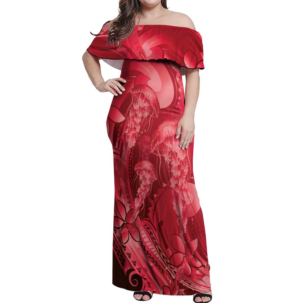 Red Gradient Polynesia Jellyfish Off Shoulder Maxi Dress Plumeria Polynesian Tattoo Glowing Vibes LT14 Women Red - Polynesian Pride