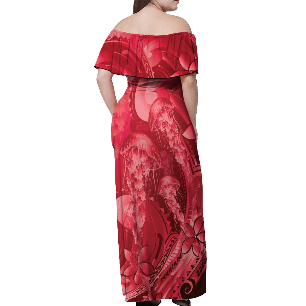 Red Gradient Polynesia Jellyfish Off Shoulder Maxi Dress Plumeria Polynesian Tattoo Glowing Vibes