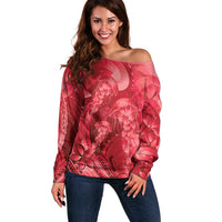 Red Gradient Polynesia Jellyfish Off Shoulder Sweater Plumeria Polynesian Tattoo Glowing Vibes LT14 Women Red - Polynesian Pride
