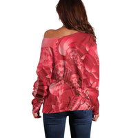 Red Gradient Polynesia Jellyfish Off Shoulder Sweater Plumeria Polynesian Tattoo Glowing Vibes LT14 - Polynesian Pride